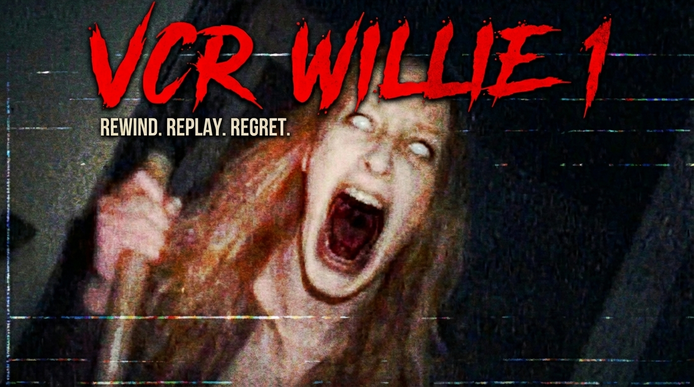 VCR Willie poster featuring distorted VHS glitch effects with title and tagline: Rewind. Replay. Regret.