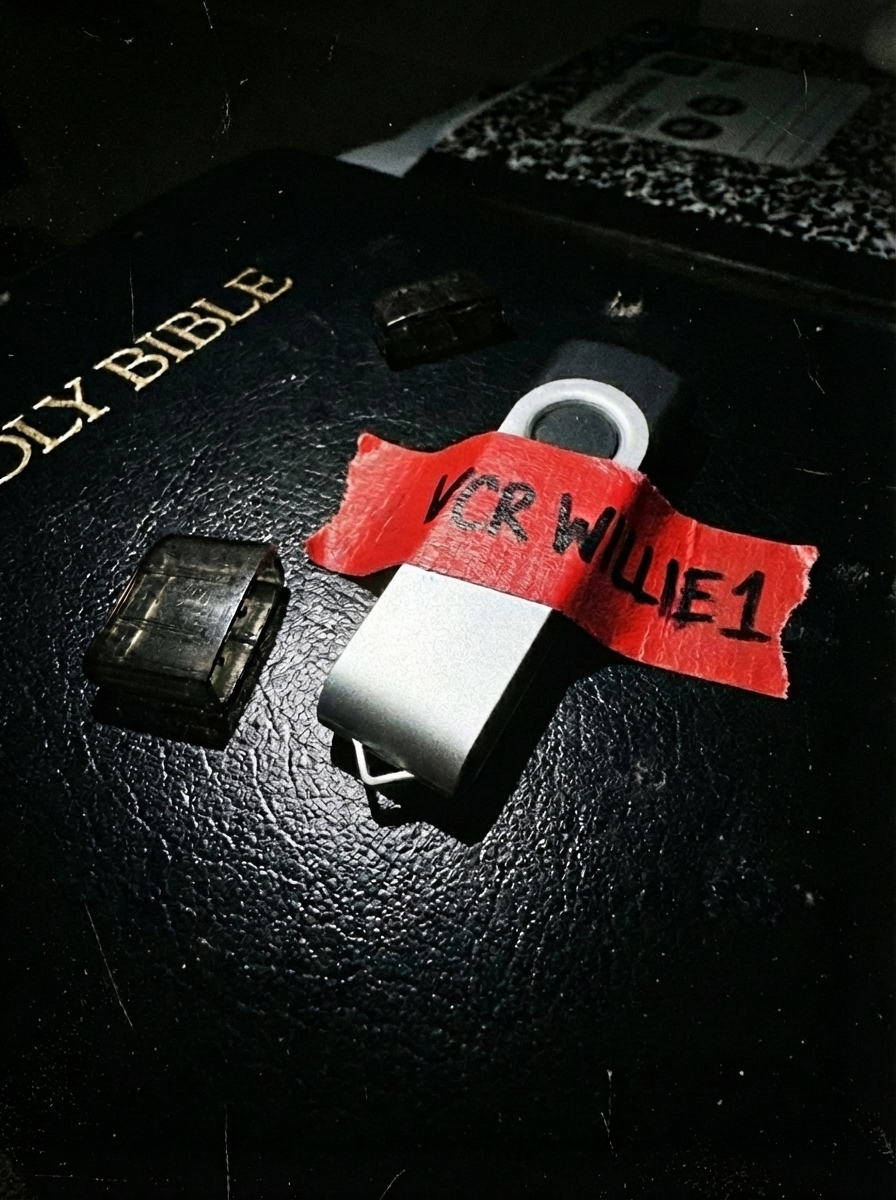 VCR Willie flash drive with red masking tape label - limited edition physical archive of analog horror film